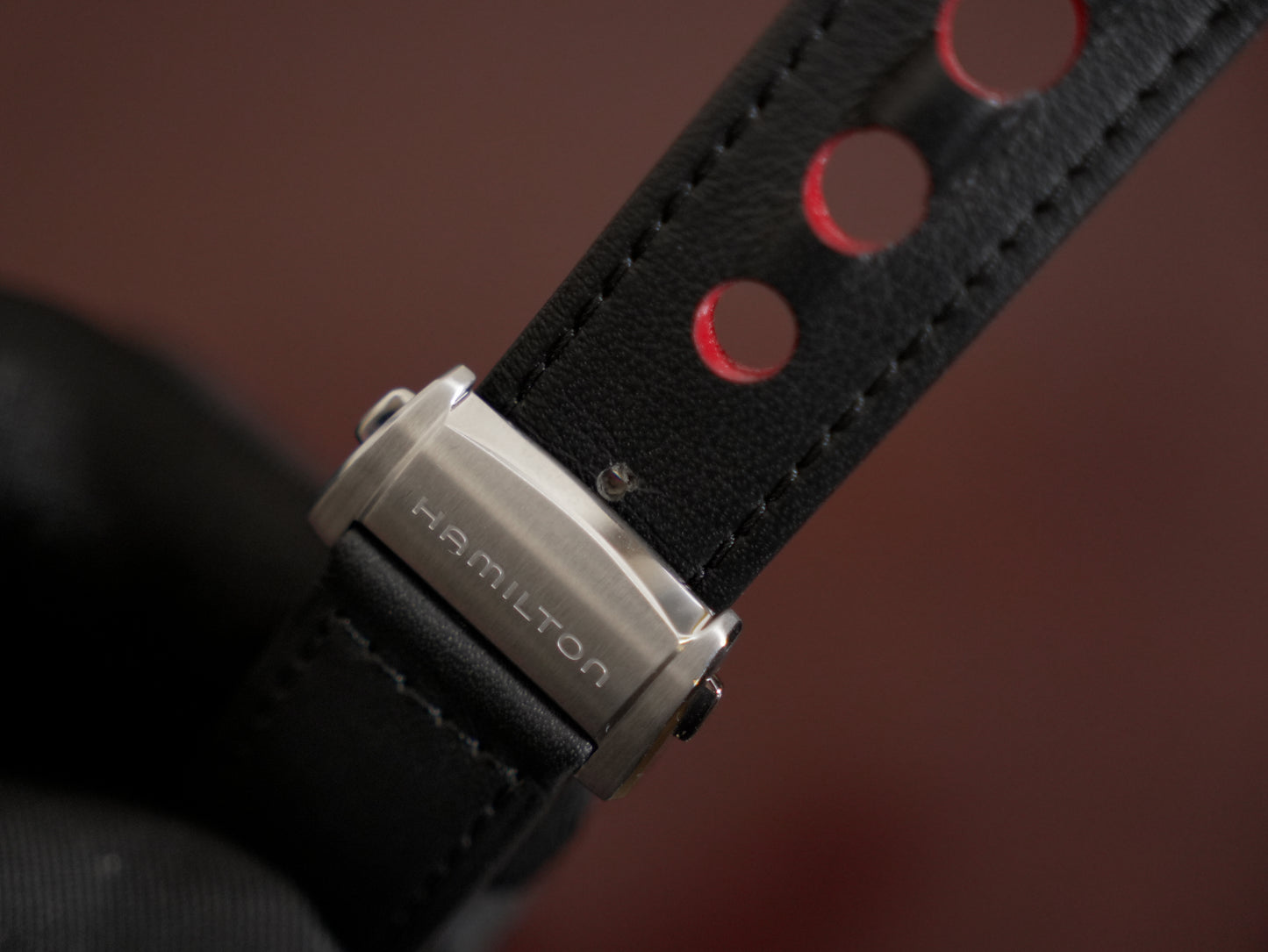 Pre-Owned Hamilton American Classic Perforated Black Leather Strap 22mm