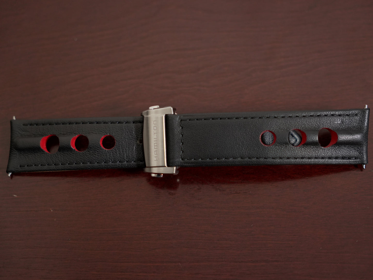 Pre-Owned Hamilton American Classic Perforated Black Leather Strap 22mm