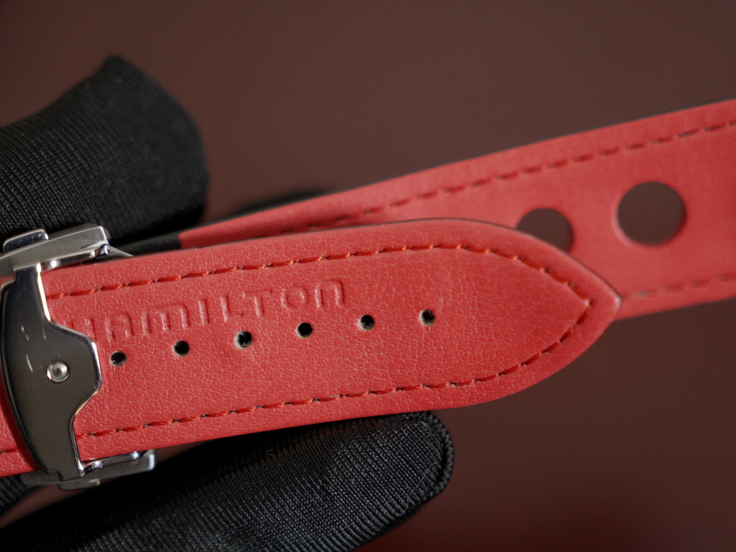 Pre-Owned Hamilton American Classic Perforated Black Leather Strap 22mm